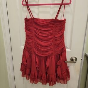 NWOT American Eagle Red Strapless Drop Waist Ruffle Mini Dress - Size Large